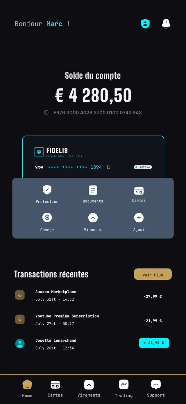 Mobile banking app — account balance screen in dark theme
