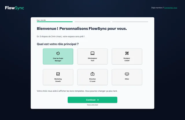 FlowSync SaaS onboarding — user role selection step