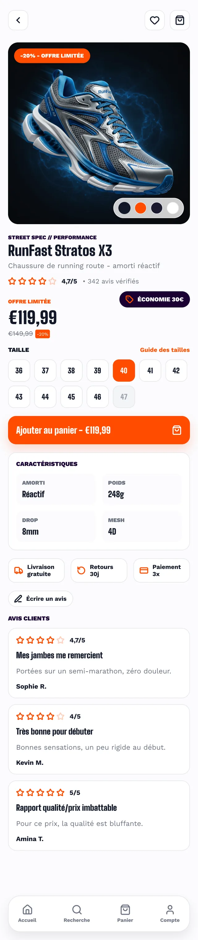 Mobile e-commerce product page for a running shoe